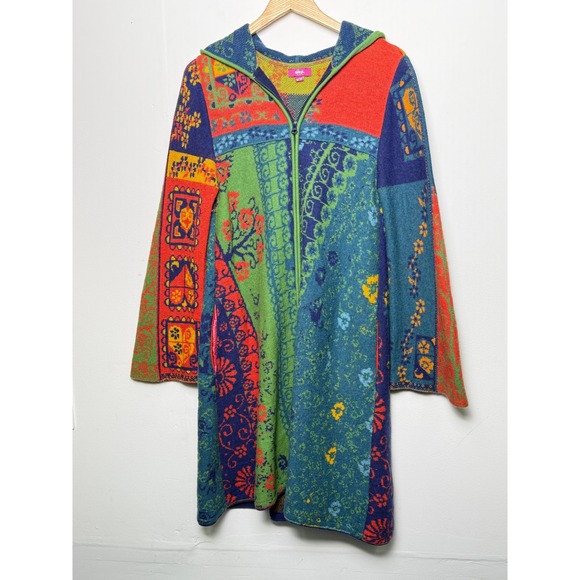 IVKO Bohemian Patchwork Knit Long Hooded Cardigan Sweater Jacket Womens M - Picture 1 of 9